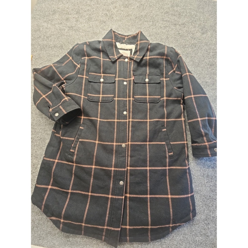 Levis Faux-Sherpa-Lined Shirt Jacket Womens XL Black Shacket Black Pink Plaid